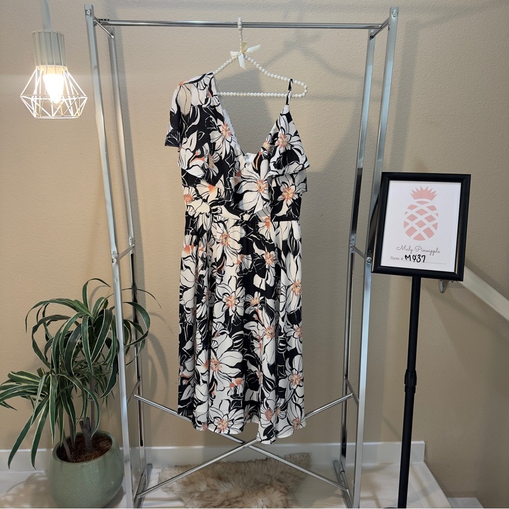 Dress the Population size L ruffle front sheer sleeveless floral midi